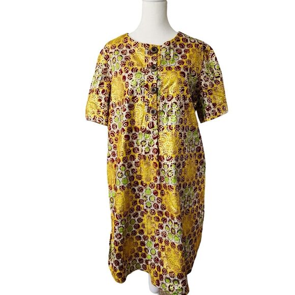 The Oula Company Shift Dress Button Front Short Sleeve Gold Metallic Print M - Picture 1 of 10